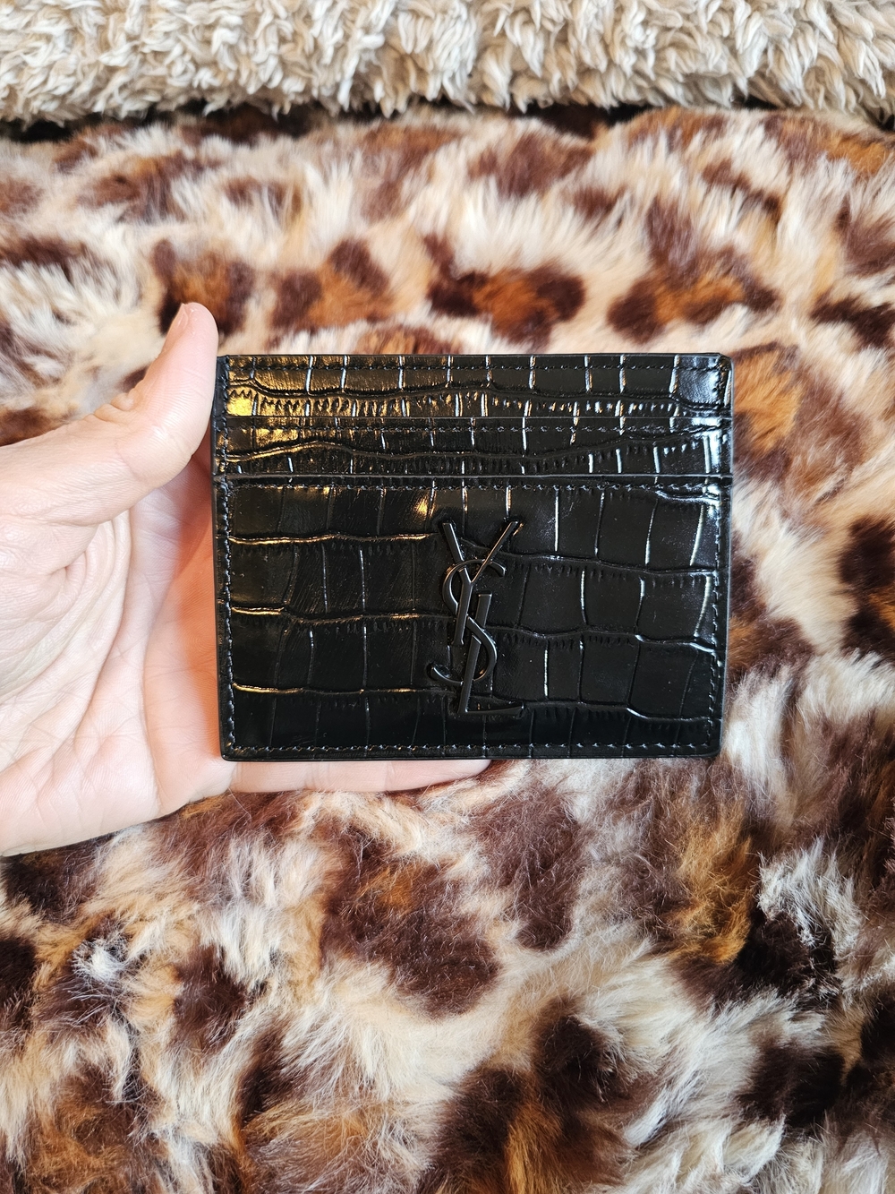 Saint Laurent Black Croc-Embossed Card Case with YSL Logo
